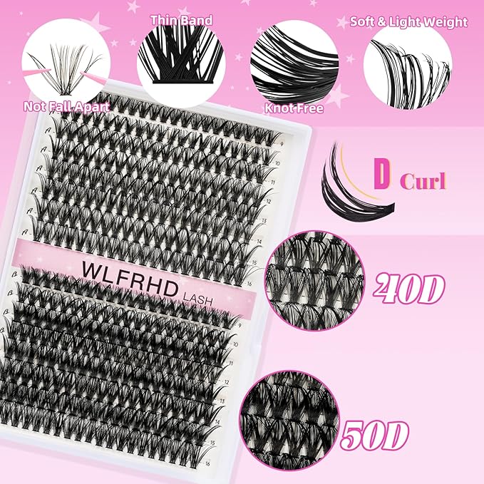 Lash Clusters Kit 320 Pcs DIY Individual Cluster Lashes D Curl Lash Extension Kit with Eyelash Bond and Seal, Remover, Tweezers Applicator for False Eyelash Cluster Kit(40D+50D, Mix9-16mm Kit)
