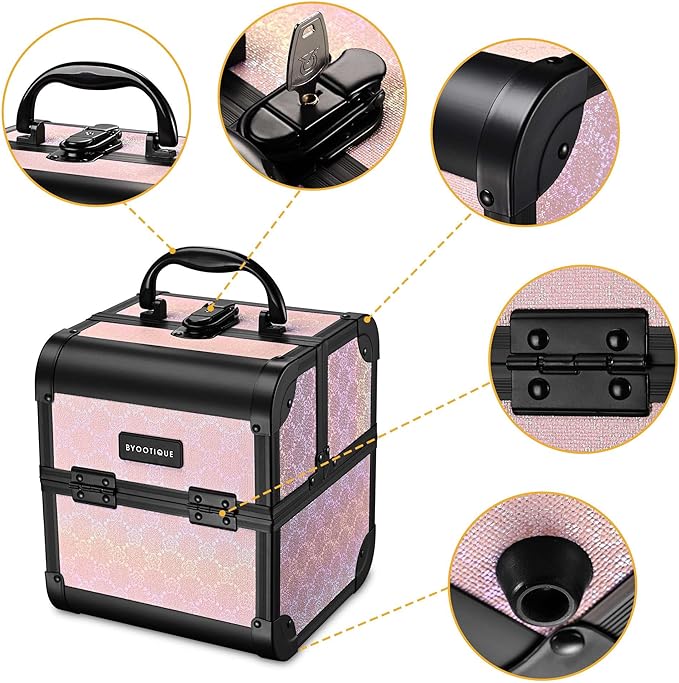 BYOOTIQUE Makeup Train Case with Mirror Small Travel Cosmetic Bag Cosmetology 2-Tier Trays Jewelry Organizer with Lock for Nail Tech Artist Beauty Salon Barbershop,Blush ForgetMeNot