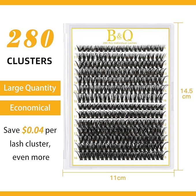 B&Q Lash Clusters 280PCS Natural Eyelash Clusters, 40D 50D C 9-16MIX Individual Lash Wispy Eyelash Extension with Soft Thin Band, Classic Look Pestañas Postizas Comfortable DIY at Home