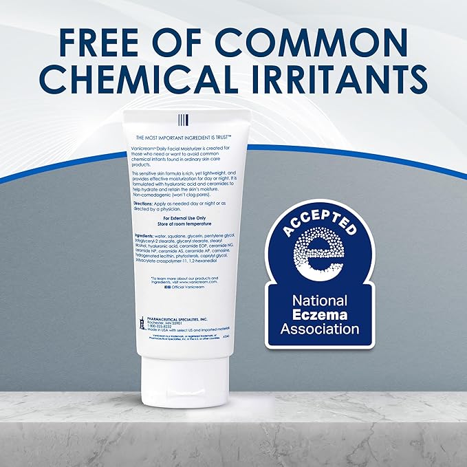 Vanicream Daily Facial Moisturizer With Ceramides and Hyaluronic Acid - Formulated Without Common Irritants for Those with Sensitive Skin, 3 fl oz (Pack of 1)
