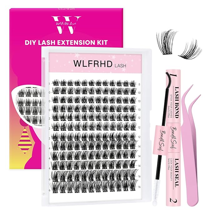 WLF Lash Clusters Kit, 144 pcs Individual Eyelash Clusters Lash Extension Kit D Curl Wispy Lash Kit with Eyelash Bond and Seal and Applicator for False Eyelash Extensions(Aether-Mix 8-16mm Kit)