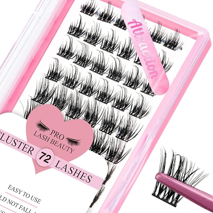 Cluster Lashes 72 Pcs Lash Clusters DIY Eyelash Extension Individual Lashes D-16mm Thin Band Easy to Apply at home Lashes (Attraction, D-16mm)