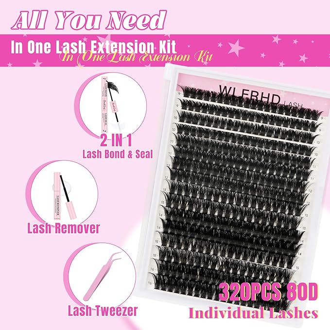 Lash Clusters Kit 320 Pcs DIY Individual Cluster Lashes D Curl Lash Extension Kit with Eyelash Bond and Seal, Remover, Tweezers Applicator Tool for False Eyelash Cluster Kit(80D, Mix9-16mm Kit)