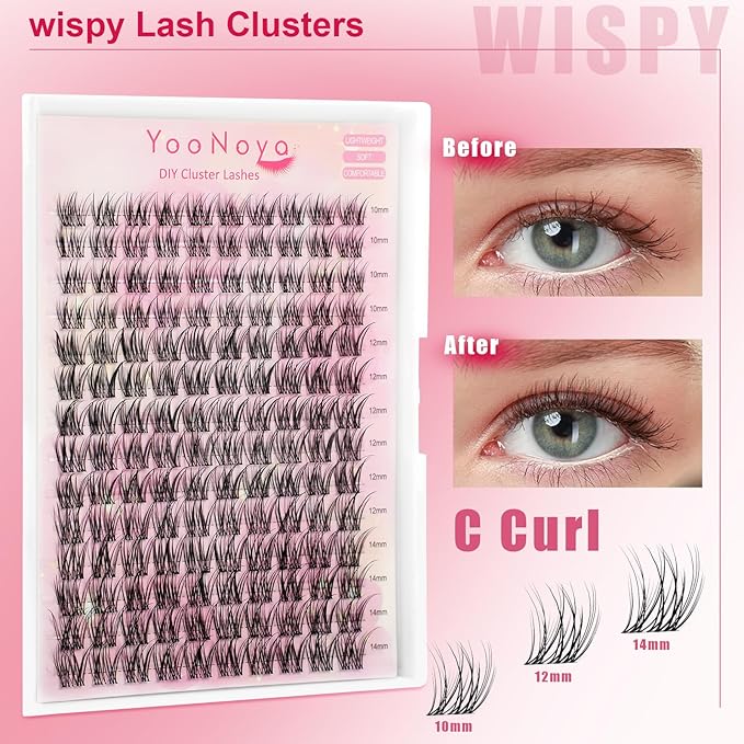 Wispy Lash Clusters 140 Pcs 10-14mm Mix Short Eyelash Clusters C Curl Cluster Eyelash Extensions Natural Wispy Cluster Lashes Reusable Individual Invisible Band Lash clusters (QX-10-14mm)
