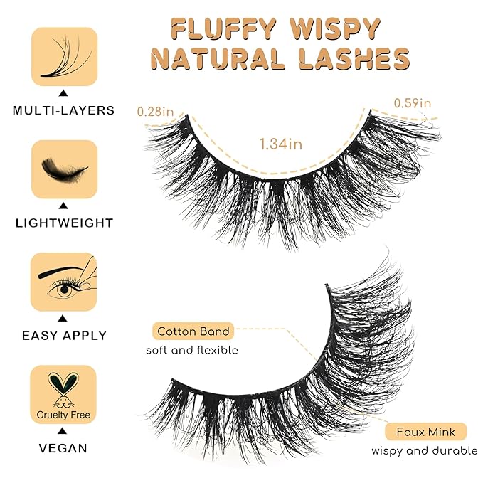 Lashes Fluffy False Mink Eyelashes 14 Pairs Cat Eye Lashes Fake Russian Strip Eyelash Natural Lash Strips Eye Lashes Pack D Curl Short Lashes Natural Look Wispies Cateye Lashes for Women