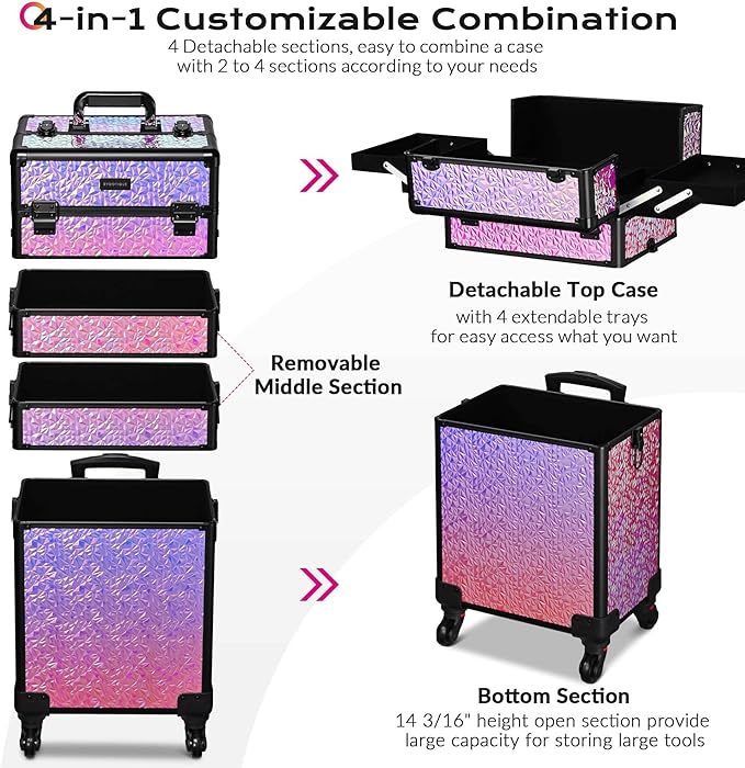 BYOOTIQUE 4in1 Rolling Cosmetology Case on Wheels Hairdressing Brush Bags Cosmetic Organizer Lash Storage Box for Makeup Artist Beauty Salon Nail Technician Hairstylist,Mermaid Pink