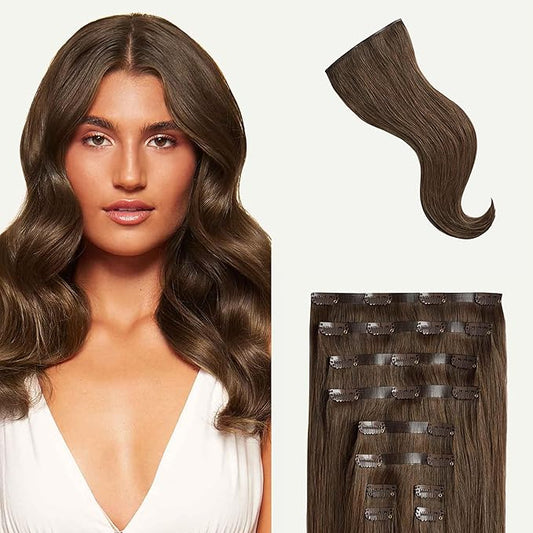 Luxy 100% Remy Human Hair - Seamless Clip-In Hair Extensions - Multi-Dimensional Color for Natural Blending, Adds Volume & Length 160 grams 16" Neutral Brown Seamless