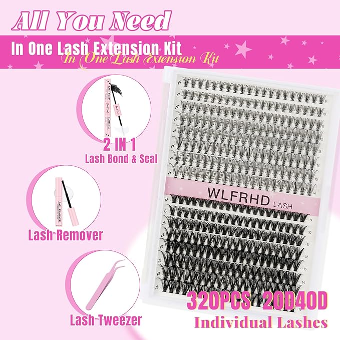Lash Clusters Kit 320 Pcs DIY Individual Cluster Lashes D Curl Lash Extension Kit with Eyelash Bond and Seal, Remover, Tweezers Applicator Tool for False Eyelash Cluster Kit(20D+40D, Mix9-16mm Kit)