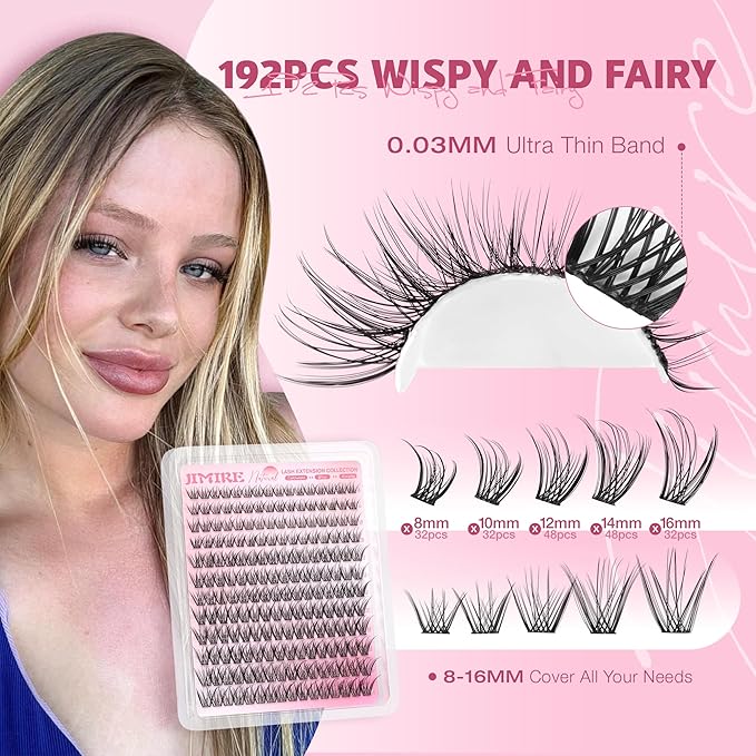Wispy Lash Clusters Kit Natural Fairy Eyelash Clusters 8-16MM C Curly DIY Lash Extension Kit with Lash Bond and Seal and Tweezers Thin Band Fluffy Individual Lashes Clusters 192Pcs Pack by JIMIRE
