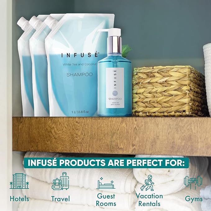 1 Liter Shampoo Refill Bag For Soap Dispensers | Bulk Toiletries for Vacation Rentals, and Home Bathroom Showers | White Tea and Coconut | Set of 12