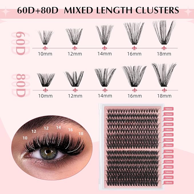 Volume Lash Clusters 60D+80D Thick Eyelash Clusters D Curl Cluster Eyelash Extensions 10-18mm Ultra-Soft Individual Lashes DIY Lash Clusters at Home（60D+80D, 10-18mm）