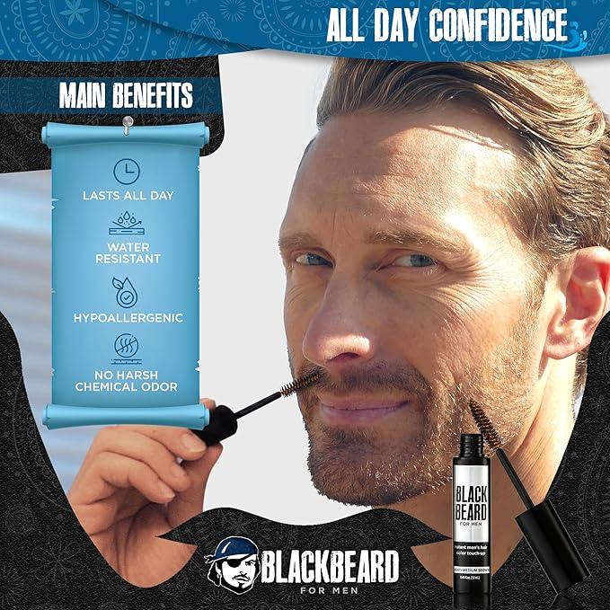 Blackbeard for Men Instant Beard Color – All Day Beard, Mustache, Eyebrow, and Sideburns Color – Temporary, Hypoallergenic Beard Dye Alternative – Up to 45 applications – Light/Medium Brown, 3 Pack