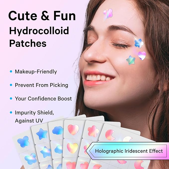 Sosky Hologram Pimple Patches for Face, Hydrocolloid Acne Patches with Salicylic Acid, Cute Star Zit Stickers,Colorful Blemish Covers,48 Count Blue Pink Star Heart Moon Flower