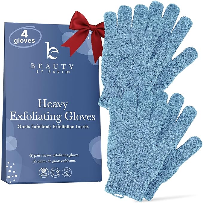 Exfoliating Glove (4 pcs, 2 Pairs) - Heavy Shower Gloves for Body Scrub, Exfoliates & Removes Dead Skin, Stocking Stuffers for Women and Men