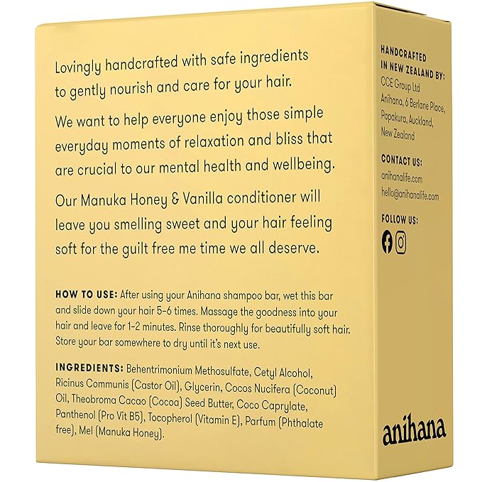 ANIHANA Conditioner Bar for Regular Normal Hair Clean Purifying Natural Healthy Look and Shine Paraben Free Manuka Honey and Vanilla 2.1 oz