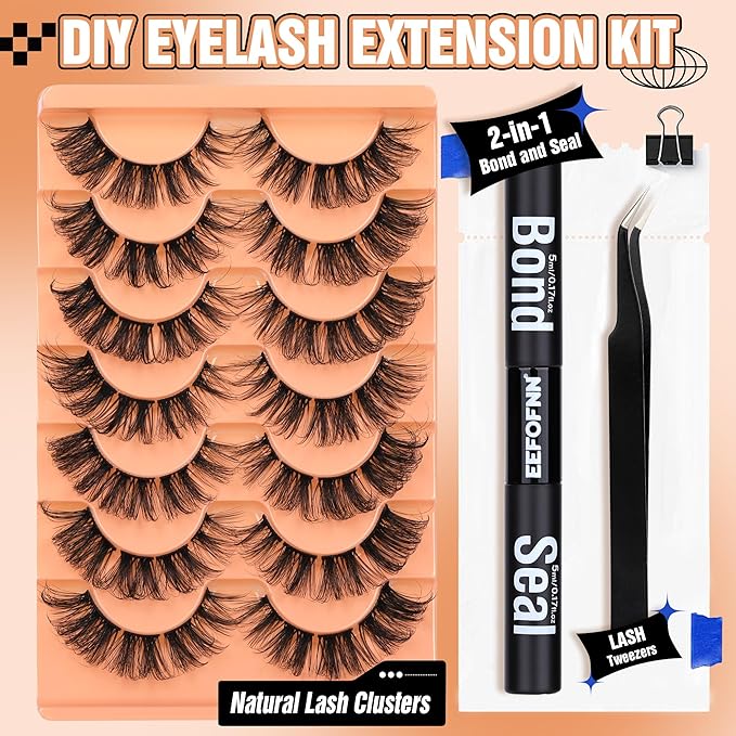 DIY Lash Extension Kit Natural Lash Clusters D-Curly Eyelash Extension Kit with Lash Bond and Seal Eyelashes Tweezers 9-16 mm Individual Lashes Kit DIY at Home by Eefofnn