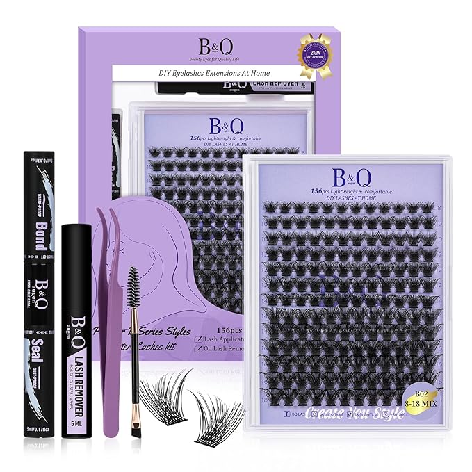 B&Q Wispy Lash Clusters Kit B02, DIY Lash Extension Kit 156PCS Eyelash Extension Kit, Soft Natural Lash Clusters 8-18MIX D Curl Lash cluster, Thin Black Band Cluster Eyelash Extensions (B02 Set)