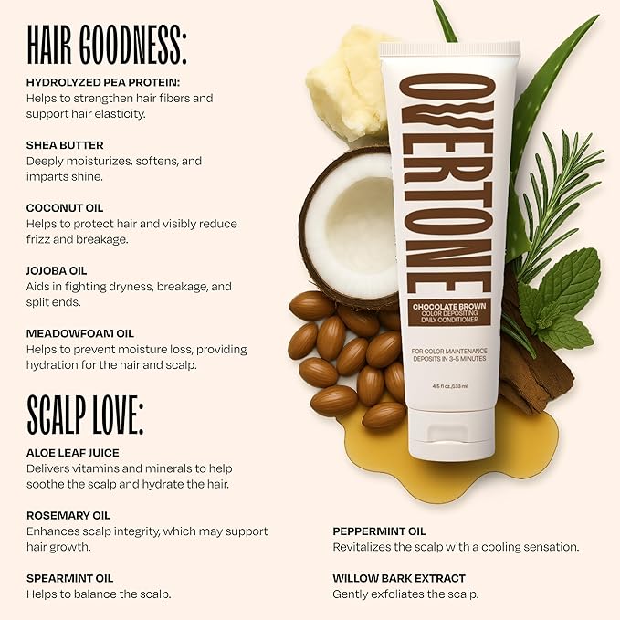 Overtone Daily Color Depositing Conditioner: 4.5 oz Temporary Coloring Conditioner with Shea Butter & Coconut Oil - Refresh Color & Prevent Fading - Vegan & Cruelty-Free, Chocolate Brown