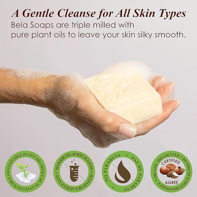 BELA Spearmint and Bran Soap 3.3 OZ Pack of 12, Long Lasting French Triple Milled Bar Soap with Organic Shea Butter, Hand, Face and Body Wash Bar, Made in Australia