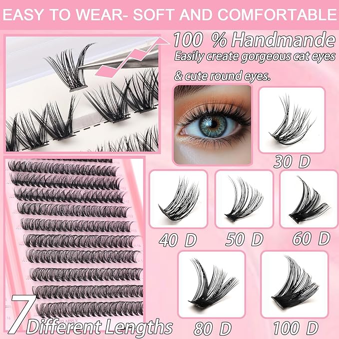 640 Pcs D Lash Clusters, Eyelash Clusters Individual Lash Extension Curl Fluffy Wispy False Eyelashes Extensions (80D+100D)