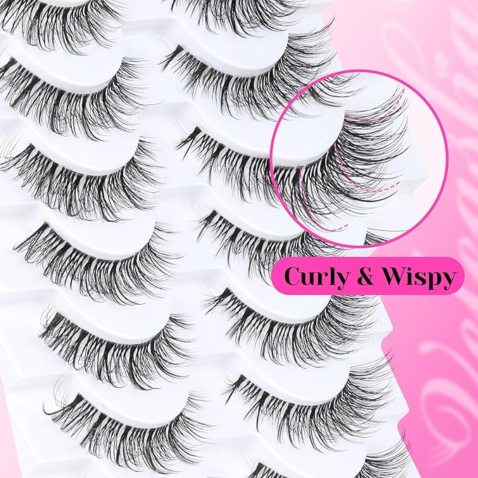 Veleasha Cat Eye Lashes Wispy False Eyelashes with Clear Band Natural Look Eyelashes Looks Like Lash Extensions CC Curl Soft Fake Lashes Strips Lashes 10 Pairs Pack (Everyday Essentials)