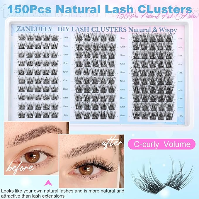 Lash Clusters Wispy Eyelash Clusters Natural C-Curly Cluster Lashes zanlufly Wispy Individual Lashes 150Pcs Eyelash Extension 10 12 14MM DIY Lash Extensional Lash Clusters