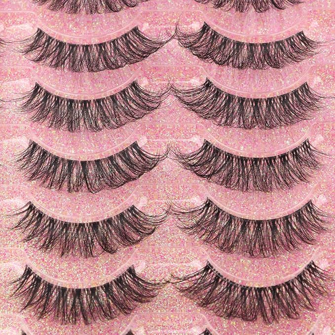 Lashes Natural Look Faux Mink Eyelashes Wispy Clear Band Lashes 16mm Natural False Lashes Cat Eye Short Strip Lashes Pack 14 Pairs