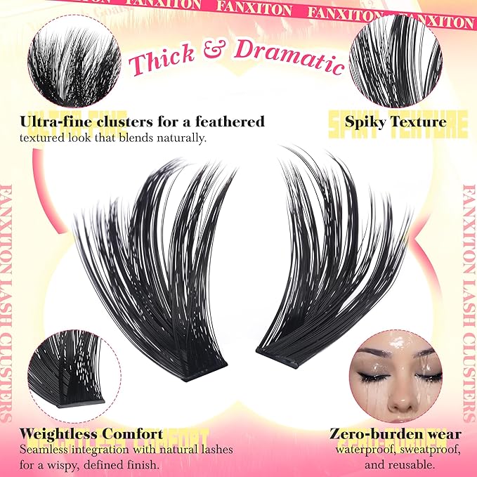 Volume Lash Clusters with Spiky Long Lash Clusters 300D Eyelash Clusters 20-24MM Thick Wispy D Curl Cluster Eyelash Extensions 3D Fluffy Cluster Eyelash Extensions by FANXITON