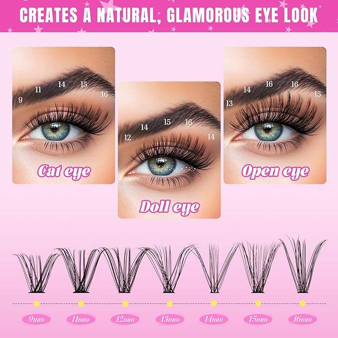 Lash Clusters Kit 320 Pcs DIY Individual Cluster Lashes D Curl Lash Extension Kit with Eyelash Bond and Seal, Remover, Tweezers Applicator Tool for False Eyelash Cluster Kit(60D, Mix9-16mm Kit)
