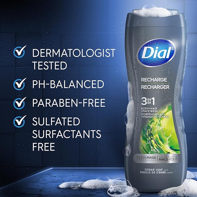 Dial Men 3 in 1 Body, Hair and Face Wash, Recharge, 16 Fl Oz (Pack of 4), Cedar Leaf Scent, Cleanses Deep + Gentle on Skin with Clean Rinse Technology