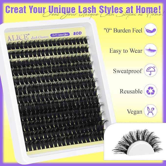 ALICE Thick Lash Clusters Kit - Wispy Volume Eyelash Clusters Kit 228pcs 80D Spiky Russian D-Curly Anime Eyelash Extension Kit - Individual Lashes Kit with Lash Glue for DIY at Home