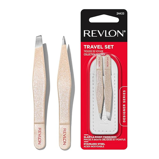 Revlon Designer Series Mini Tweezer Set, Hair Removal Tool Kit with Slant & Point Tips, Made with Stainless Steel, Stocking Stuffer for Women, 1 Count