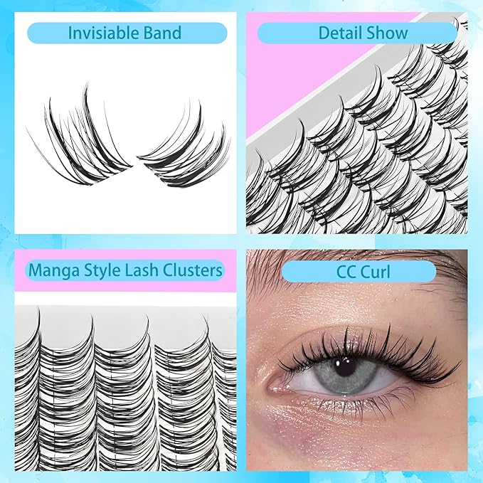 Manga Lash Clusters with Invisiable Band 10-14mm Mixed CC Curl Spike Lash Clusters Natural Eyelash Cluster Soft Eyelashes Cluster DIY Look Like Eyelash Extension (Thorn)