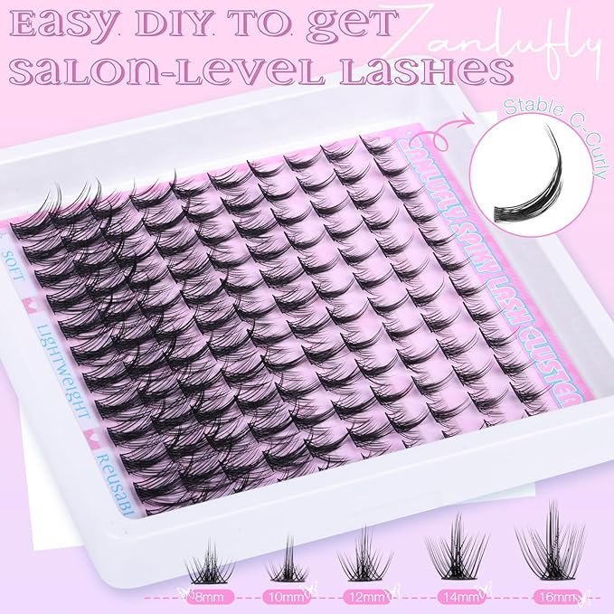 Lash Clusters Kit Spiky Eyelash Clusters Kit Wispy Cluster Eyelash Extensions Kit 8-16mm Manga Lash Extension Kit Natural Cluster Lashes with Lash Cluster Glue, Tweezers and Remover by zanlufly