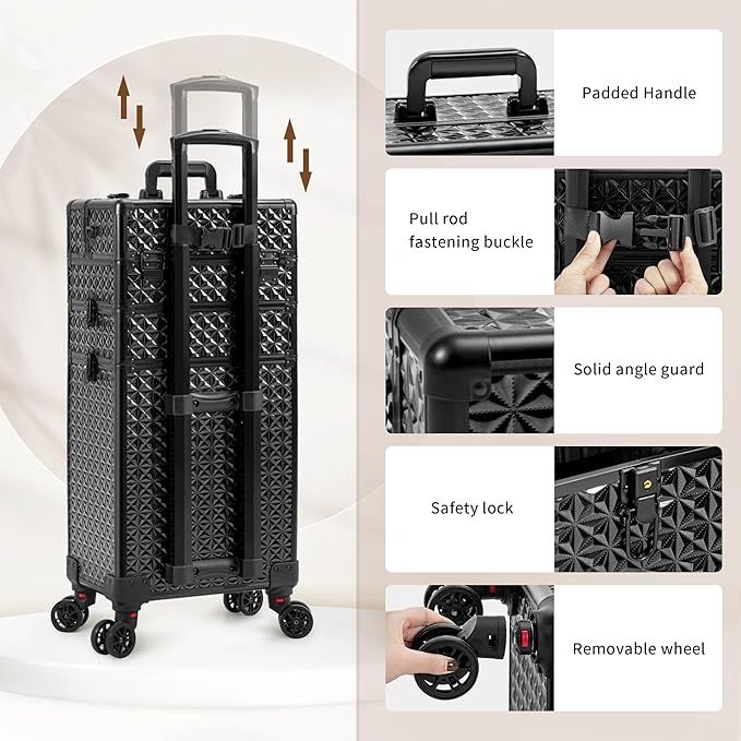 AROUS Rolling Makeup Train Case with 3 Drawers, Cosmetology Case on Wheels Nail Trolley Cart Salon Station Organizer Cases for Nail Tech, Face Painting,Hairstylist, Makeup Artist, Black