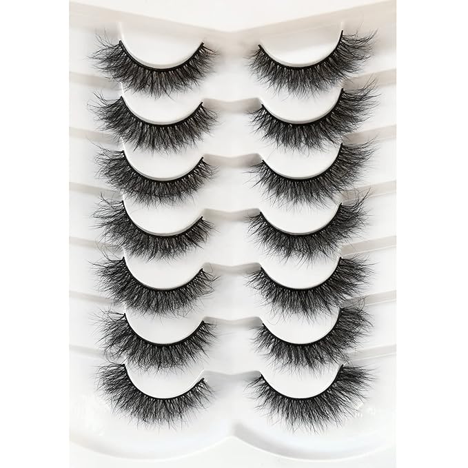 Pooplunch False Eyelashes Cat Eye Wispy Fairy Lashes Natural Volume Short Faux Mink Fake Eye Lash Strips 7 Pairs Pack
