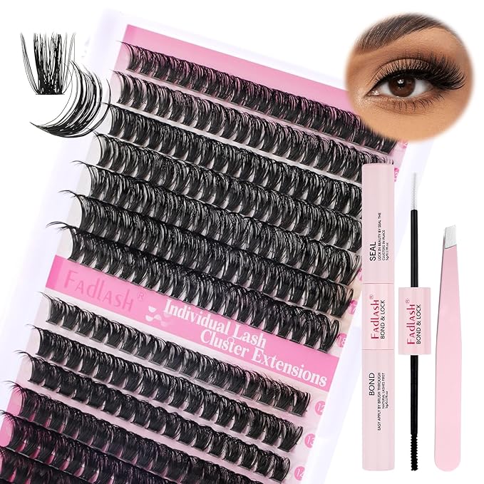 FADLASH Lash Extension DIY Kit Volume Fluffy Lash Clusters D Curl Cluster Lashes with Lash Bond and Seal Lash Tweezers for DIY Eyelash Extension at Home for Self Use（Kit 60D+80D-0.07D-12-18MIX）