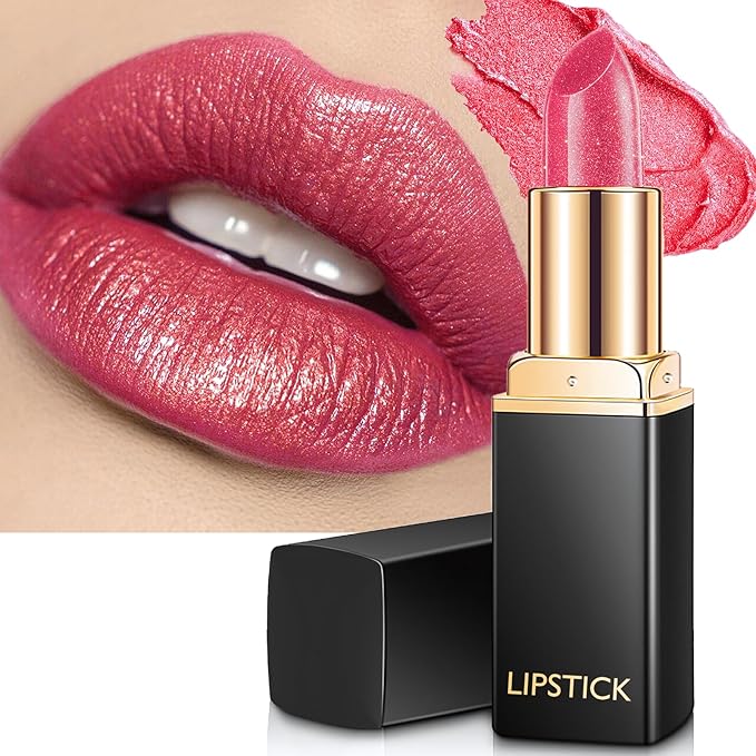 Bright Coral Pink Lipstick for Women with Metallic Shimmer Shine, Long Lasting Lip Stick Glitter Moisturizing Lightweight Full Coverage Lip Makeup, Non-Sticky Pearl Shiny Cream Lipstick Balm, 03