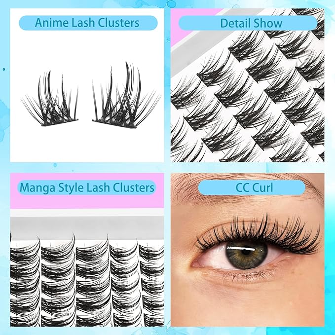 Manga Lash Clusters with Thin Band Spike Eyelash Clusters 10-14mm Mixed CC Curl Soft Lashes Cluster Fluffy Wispy Individual Lashes Cluster DIY Look Like Eyelash Extension (Comic)