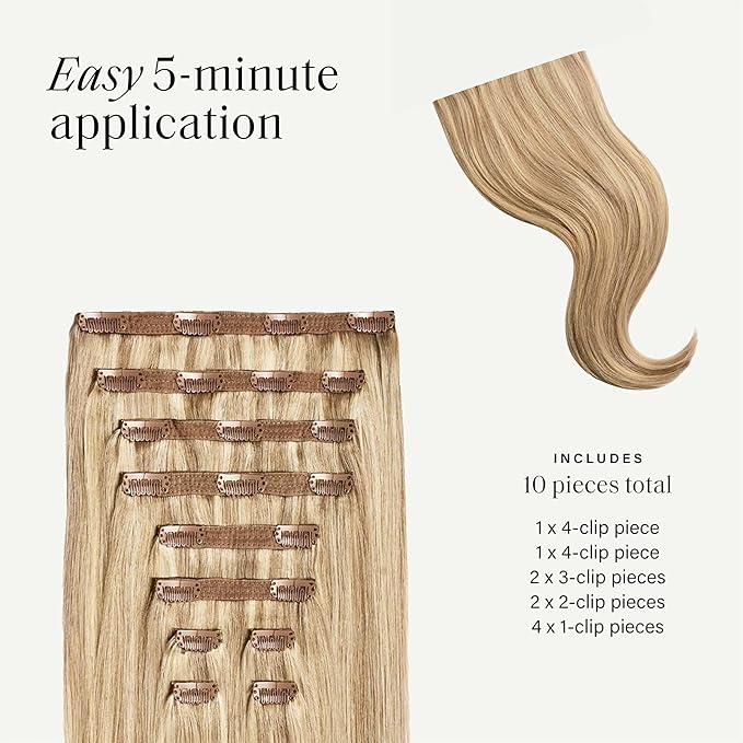 Luxy 100% Remy Human Hair, Classic 160g Clip-In Hair Extensions - 10 Wefts Multi-Dimensional Color for Natural Blending, Adds Volume & Length, Easy Apply & Remove 16" Dirty Blonde Highlights