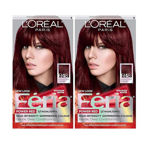 L'Oreal Paris Feria Multi-Faceted Shimmering Permanent Hair Color, R48 Intense Deep Auburn, Hair Dye Kit, Pack of 2