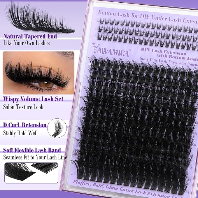 Volume Lash Clusters with Bottom Lashes Wispy Fluffy Eyelash Clusters Manga Lashes Clusters with Spikes 14-24mm Long 260D Thick Cluster Eyelash Extensions D Curl 236pcs Individual Lashes by Yawamica