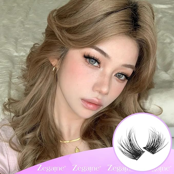 Zegaine Self Adhesive Eyelashes Natural Self Adhesive Lash Clusters Wispy Pre Glued Eyelash Clusters Clear Band C-Curly Pestañas Postizas Naturales Wispy Glueless Lashes No Glue Needed 10-14MM
