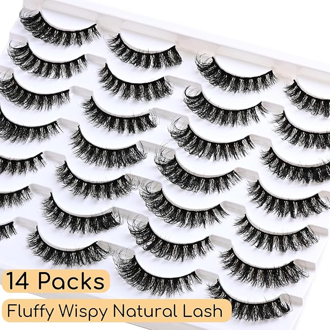 Lashes Fluffy False Mink Eyelashes 14 Pairs Cat Eye Lashes Fake Russian Strip Eyelash Natural Lash Strips Eye Lashes Pack D Curl Short Lashes Natural Look Wispies Cateye Lashes for Women