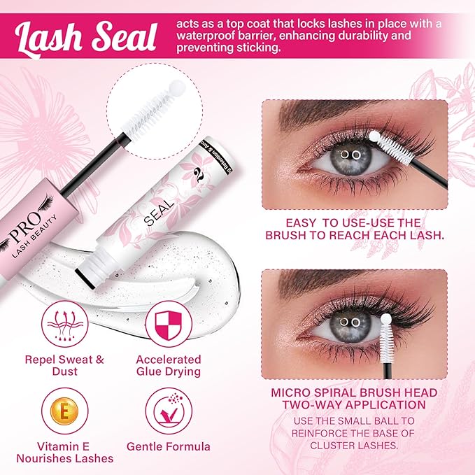 PROLASHBEAUTY Lash Cluster Glue Upgraded 2 in 1 Black Lash Bond and Seal Lash Glue for Eyelash Clusters Waterproof Strong Hold Eyelash Glue Long-Lasting 72H+ (10ml, Black Bond & Clear Seal)