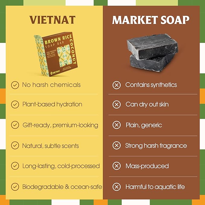 Brown Rice & Coconut Milk Soap Bar (Pack of 5) – 2-in-1 Exfoliating & Moisturizing Handmade Soap, Cold Process Bar with Brown Rice & Coconut Oil, Made in Vietnam