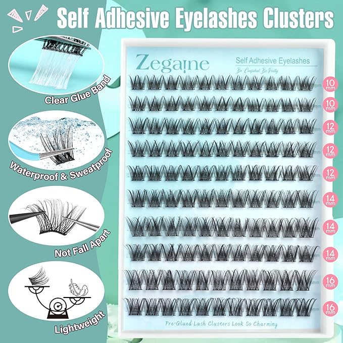 Wispy Self Adhesive Eyelashes Natural Self Adhesive Lash Clusters D-Curly Pre Glued Eyelash Extensions Reusable Wispy Cluster Lashes No Glue Needed Individual Lashes Natural Look 10-16MM by Zegaine