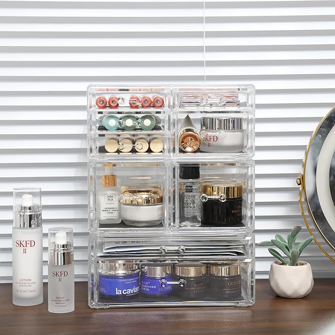 Cq acrylic Clear Stackable Storage Drawers,Plastic Makeup Organizer and Bathroom Storage Bins WIth 9 Drawers For Make up,Medicine,Craft,Pen,Beauty and Office Supply Organizer