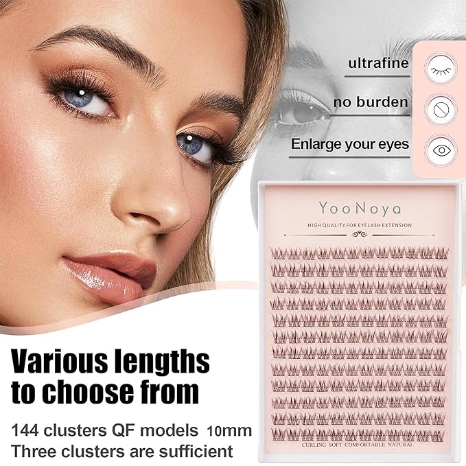 Wispy Cluster Lashes 144 Pcs 10mm Natural Individual Eyelashes Wispy D Curl DIY Cluster Eyelash Extensions Super Thin Band Eyelashes (QF-10mm-D)