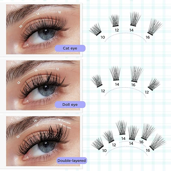 Self Adhesive Lashes Natural Self Adhesive Eyelash Clusters Pre glued Lash Clusters No Glue Needed Lashes Wispy D+curly Cluster Eyelash extensions 10-16MM Individual Lashes(R06)